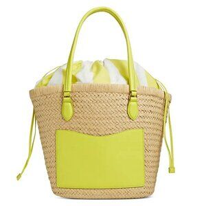 On 34th Isabellaa Women's Straw Medium Drawstring Tote Lime Stripe (MSRP $130)